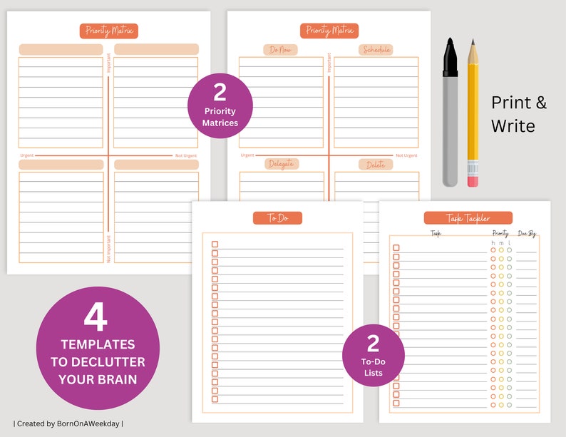 Puede incluir: Cuatro plantillas imprimibles para organizar tareas y despejar tu mente. Las plantillas incluyen dos matrices de prioridad, dos listas de tareas pendientes y un rastreador de tareas con columnas de prioridad y fecha de vencimiento.