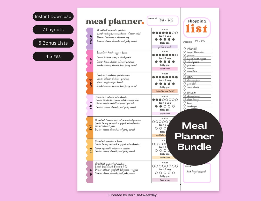 Modern Meal Planner Bundle: Weekly & Monthly Food Diary (printable PDF ...