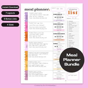 Meal Planner Bundle Printable, Modern Weekly Meal Plan, Monthly Meal Plan, Food Journal and Diary, Inventory Lists, Health, Colorful Modern