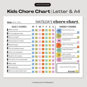 Grafico modificabile dei compiti dei bambini, Grafico delle responsabilità settimanali giornaliere dei bambini, Elenco delle cose da fare per i bambini, Elenco di controllo delle routine dei bambini, Stampabile, Colorato, Moderno