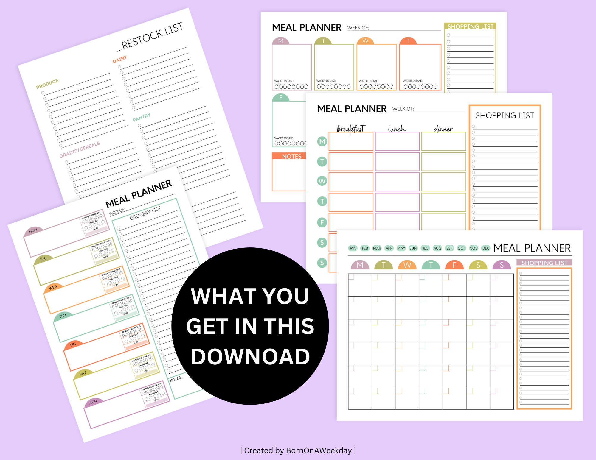 Weekly Meal Planner Printable: Colorful Menu, Grocery List (digital ...