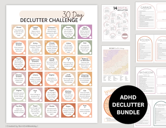 ADHD Decluttering Bundle: 30-Day Challenge, Room Checklists (Digital Download)