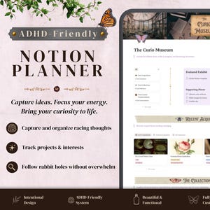 May include: A digital Notion planner template titled The Curio Museum, featuring a vintage aesthetic with butterfly and botanical motifs. The interface includes sections for Featured Exhibit, Recent Acquisitions, and The Collections Room, with organized task lists and project tracking modules.