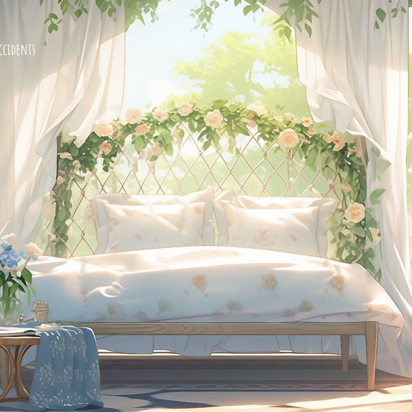 6 Bright Floral Bedroom Vtuber Backgrounds, Vtuber Backdrop, Stream Background, Zoom, Twitch Background, Anime Background, Overlay