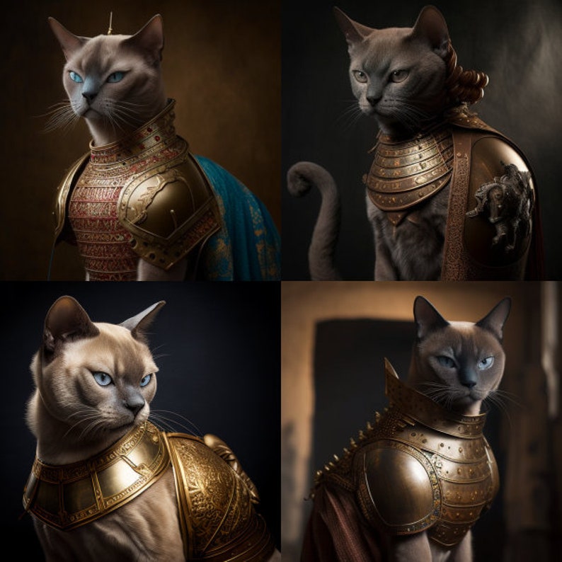 K&ouml;nnte beinhalten: Vier Bilder von Katzen in aufwendiger goldener R&uuml;stung. Die Katzen mit blauen Augen posieren vor dunklen Hintergr&uuml;nden. Die R&uuml;stung ist mit komplizierten Designs versehen, die an historische Milit&auml;rstile erinnern. Die Gesichtsausdr&uuml;cke der Katzen sind erhaben und konzentriert.