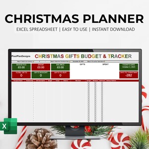 May include: A computer monitor displays a Christmas gift budget and tracker spreadsheet. The spreadsheet includes sections for budgeting, gifts, and tracking expenses. The title "CHRISTMAS PLANNER" is at the top. The Excel icon is visible in the bottom left corner.