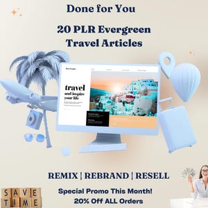 Könnte beinhalten: Werbebild mit dem Text "Done for You 20 PLR Evergreen Travel Articles". Das Bild zeigt einen Computerbildschirm mit einer Reise-Website, einen Koffer und andere reisebezogene Elemente. Der Text "REMIX | REBRAND | RESELL" ist ebenfalls sichtbar.