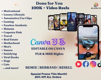 May include: A colorful graphic with the text "Done for You 100K + Video Reels" and "Canva J" in purple. The graphic features a list of video reel topics, including "Motivational", "Luxury Lifestyle", "Automotive/Car Clips", "Gaming", "Faceless Aesthetic", "Melanin", "Coquette Pink", "Travel", "Real Estate", "Motherhood", "Men's", "Nature", "Satisfying", "Viral Hooks", "Dogs", "Cats", and "...and more!" The graphic also includes the text "EDITABLE ON CANVA", "PLR & MRR Rights", "REMIX | REBRAND | RESELL", "Special Promo This Month! 20% Off ALL Orders", and "GO GLOBAL PLR". The graphic also features several images of video reels on a smartphone screen.