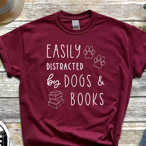 Camisa de perros y libros fácilmente distraídos, camisa amante de los libros, regalo para bibliotecario, camisa amante de los perros, camisa nerd del libro, regalo para los amantes de los libros