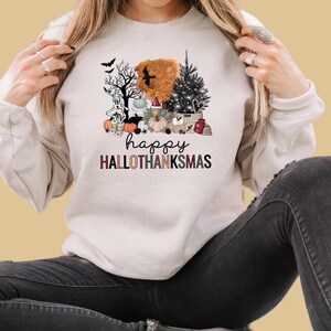 Happy Hallothanksmas Sweatshirt, Halloween Thanksgiving Christmas Shirt, Holiday Kids Sweater, Pumpkin Ghost Tree Tee