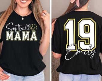 Comfort Colors® Softball Mama Shirt, Custom Name Shirt, Front and Back Sports Mom Tee, Game Day Mama Shirt, Softball Mom Support Shirt