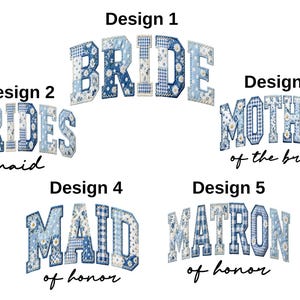 five different designs of text that spell out "BRIDE", "M Maid", "MOTH", "MATRON", and "MOTH". Each design is unique and represents a different role or title, such as the bride, maid, mother, matron, and matron.