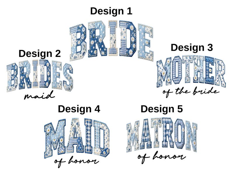 five different designs of text that spell out "BRIDE", "M Maid", "MOTH", "MATRON", and "MOTH". Each design is unique and represents a different role or title, such as the bride, maid, mother, matron, and matron.