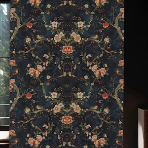 May include: A dark blue wallpaper with a floral pattern featuring pink and red flowers, green leaves, and small yellow birds. The wallpaper has a vintage aesthetic.