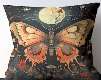 Moth and Moon gothic throw cushion, whimsigoth decor pillow