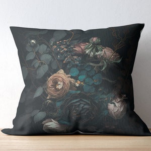 Moody dark floral throw cushion, dark cottage core decor pillow