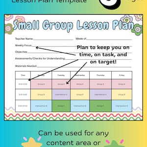 Op de afbeelding: Een kleurrijke lesplan sjabloon met de tekst "Editable Small Groups Lesson Plan Template". Het plan bevat secties voor de naam van de leraar, de wekelijkse focus en de doelstellingen. Het heeft een rooster voor planning en de tekst "Plan to keep you on time, on task, and on target!"