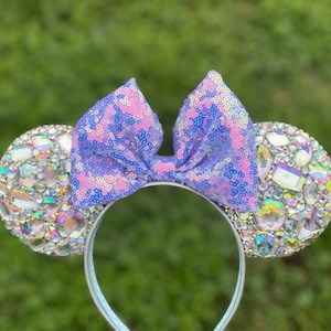 Iridescent Rhinestone Mouse Ears - Customizable Bow Color