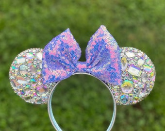 Iridescent Rhinestone Mouse Ears - Customizable Bow Color