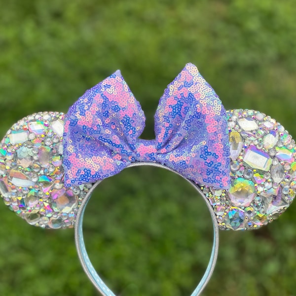 Iridescent Rhinestone Mouse Ears - Customizable Bow Color