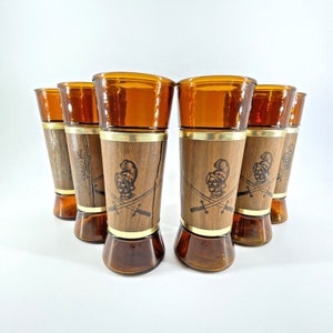 Vintage LOT 6 SIESTA WARE Brown Glass Tumblers Walnut Sleeve Tiki Cocktail Glasses