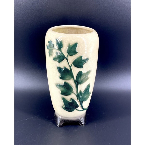 Vtg Royal Copley 8” Vase Ivy Pattern Embossed Black Base Ceramic