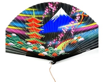 Vtg Hand Painted Silk And Bamboo 32” Folding Fan Asian Mt Fuji Scene