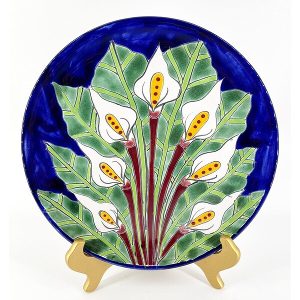 Vintage Blue & White CALLA LILY MAJOLICA 12” Plate Talavera Mexican Folk Art Excellent Condition