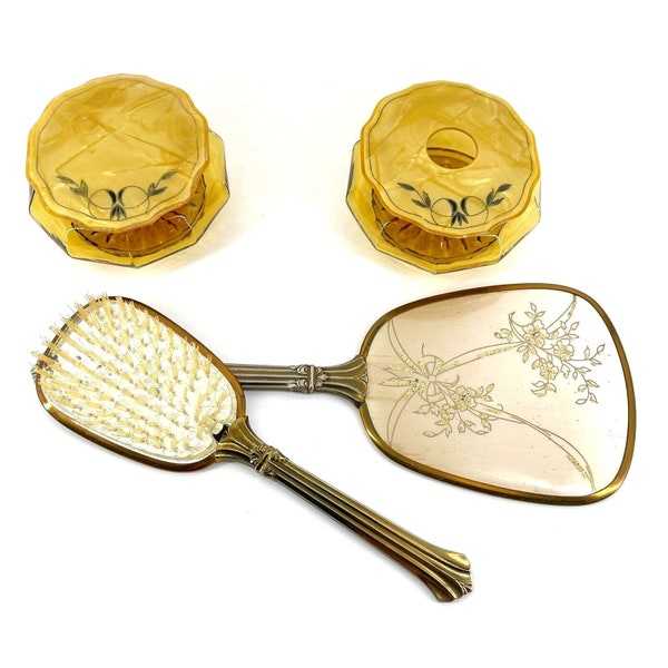 Vtg Handheld Mirror Hairbrush Hair Receiver Powder Jar Vanity Dressing Table Set