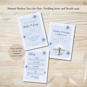 May include: A set of light blue wedding invitation cards with floral accents. The cards include details for Heather & George's wedding in August. The design is minimal and modern, with a matching welcome and unplugged ceremony sign.