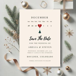 Minimale Weihnachten Save the Date Canva Template, Kalender Design mit Herz über Hochzeitsdatum, Hochzeitsankündigung für festliche Feiertage