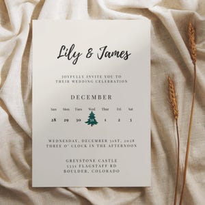 Modelo de convite para casamento no inverno, convite digital minimalista para salvar a data, convite para casamento com calendário para o feriado, cartão de casamento de Natal personalizável
