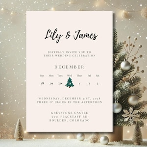 Plantilla de invitación de boda de invierno, invitación digital minimalista para guardar la fecha, invitación de boda festiva con calendario, tarjeta de boda navideña personalizable