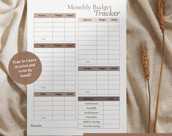 May include: A minimalist monthly budget tracker in neutral tones, with sections for income, expenses, savings, and debts. The text "Monthly Budget Tracker" is at the top. The text "Type in Canva or print and write by hand!!" is also visible.
