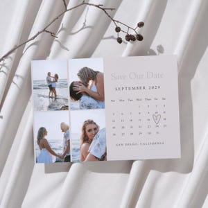 Modelo de reserva de data para fotos de praia no Canva, calendário editável para cartão de casamento, anúncio de noivado moderno e minimalista, galeria de reserva de data