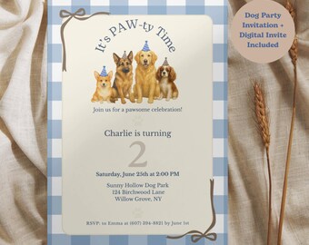 Op de afbeelding: Hondenfeestuitnodiging met een blauw-witte ruitrand. De uitnodiging bevat illustraties van vier honden met feesthoeden. De tekst bevat "It's PAW-ty Time" en details voor een verjaardagsfeest.