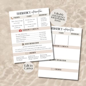 Informatieblad voor noodgevallen, afdrukbaar contactformulier voor noodgevallen oppas, contactformulier voor noodgevallen, bewerkbaar Canva-blad voor noodgevallen