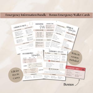 May include: A set of printable emergency information sheets and bonus wallet cards. The sheets include sections for medical details, babysitter notes, and pet emergency information. The text "Emergency Information Bundle + Bonus Emergency Wallet Cards" is at the top.