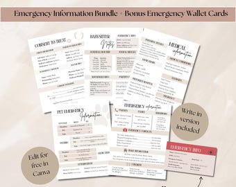Puede incluir: Un paquete de hojas de información de emergencia imprimibles y tarjetas de cartera de bonificación. Las hojas incluyen secciones para detalles médicos, notas de niñera e información de emergencia para mascotas. El texto "Emergency Information Bundle + Bonus Emergency Wallet Cards" está en la parte superior.