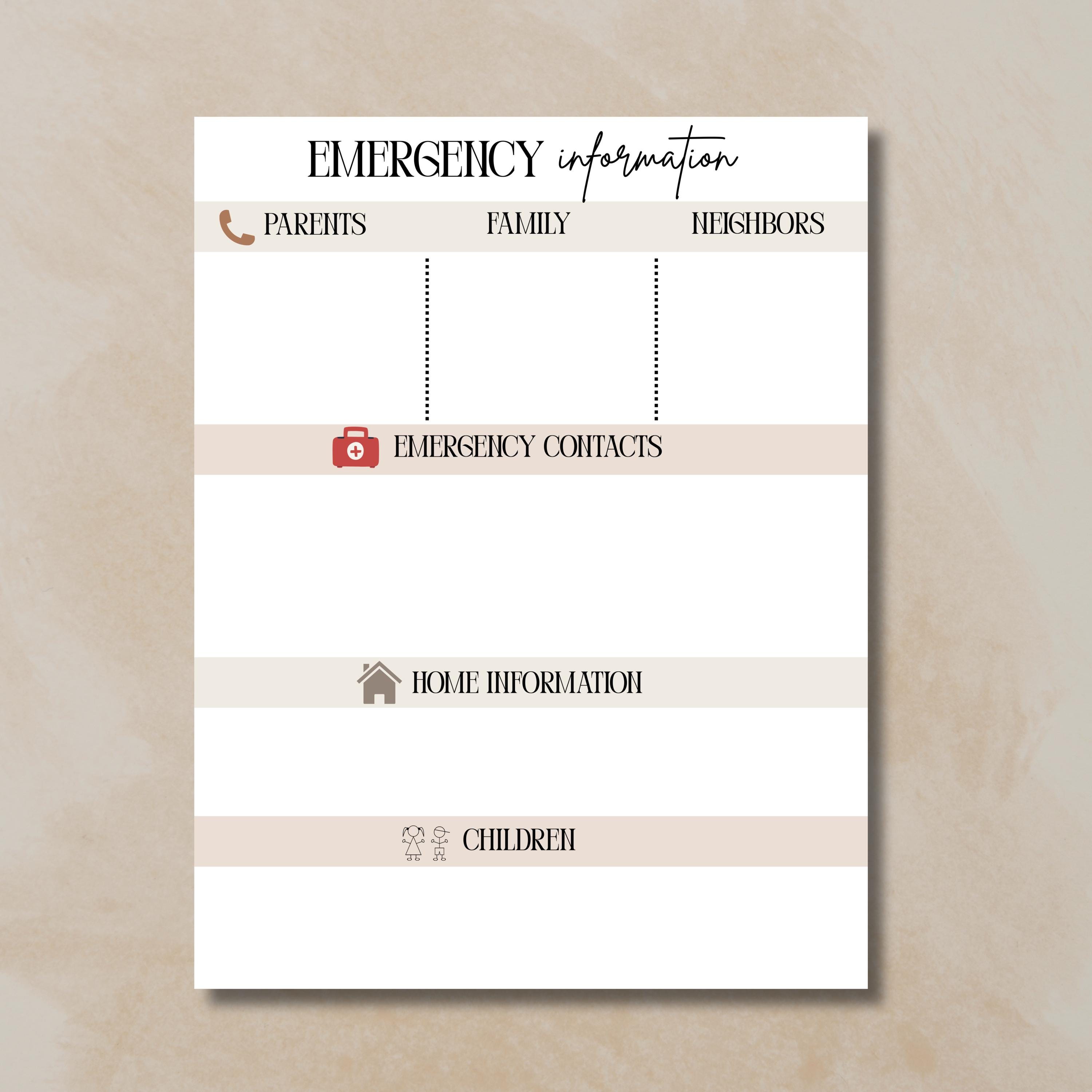 Editable Emergency Contact Sheet, Babysitter Printable (PDF) - Etsy