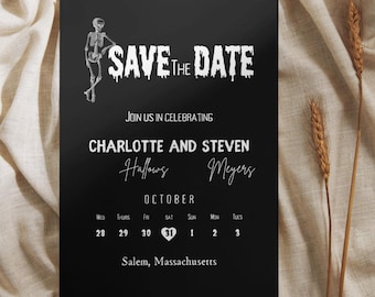 Gotiskt skelettbröllopsinbjudan med spara-datumet: Spöklik Halloween-design (digital nedladdning)