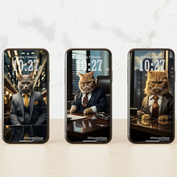 Chartreux, Exotic Shorthair, and Persian cats stylish business attire. Cell Phone Wallpaper for iOS on Apple devices - instant download.