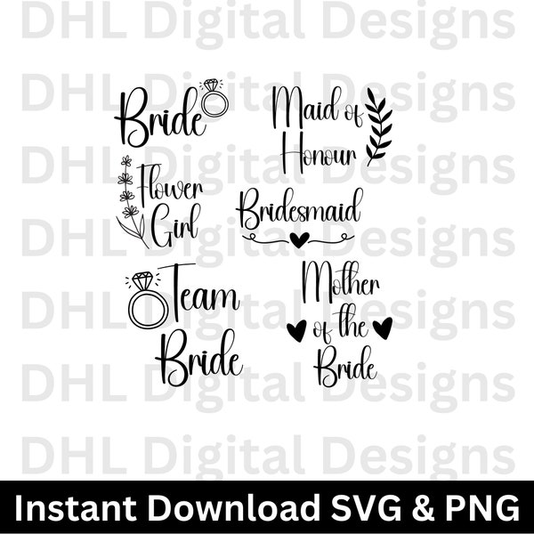 Wedding SVG PNG Bride Groom Best Man Maid of Honour Bridesmaid Flower Girl Mother of the Bride Bridesman Mr. & Mrs.