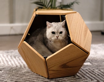 Modern Natural Wood Cat Furniture Cat Bed Cat Cave Designer Furniture for Pets Gift for Cat Geometric Cat House Multipurpose Home Decor Oak