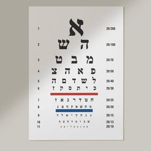 May include: A white eye chart with Hebrew letters and numbers, used for vision testing. The chart has rows of decreasing letter sizes, with a red and blue line. The right side displays vision acuity measurements.