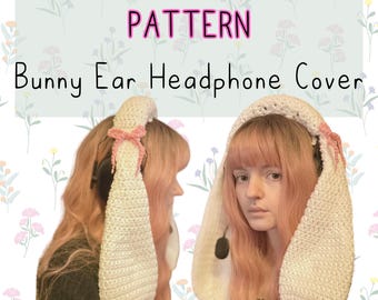 May include: White crochet bunny ear headphone cover with a pink bow. The cover is worn by a person with pink hair.  Digital Crochet Pattern.
