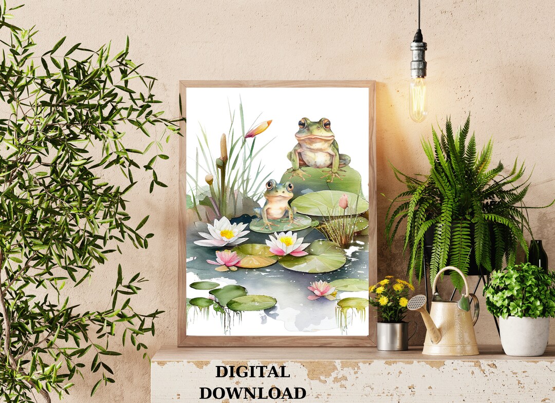 Green Frogs Wall Art Lotus Flowers and Frog Wall Art Digital Etsy