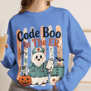 Funny Halloween Nurse Shirt,Code Boo in the ER Ghost Design Sweatshirt |Emergency Nurse Sweatshirt,Halloween ER Nurse