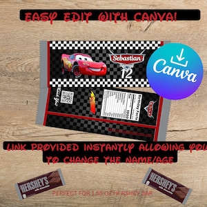 May include: Red and black printable wrapper for a 1.55 oz Hershey's chocolate bar featuring a red cartoon race car and the text "Sebastian 12". The wrapper is designed to be edited with Canva.