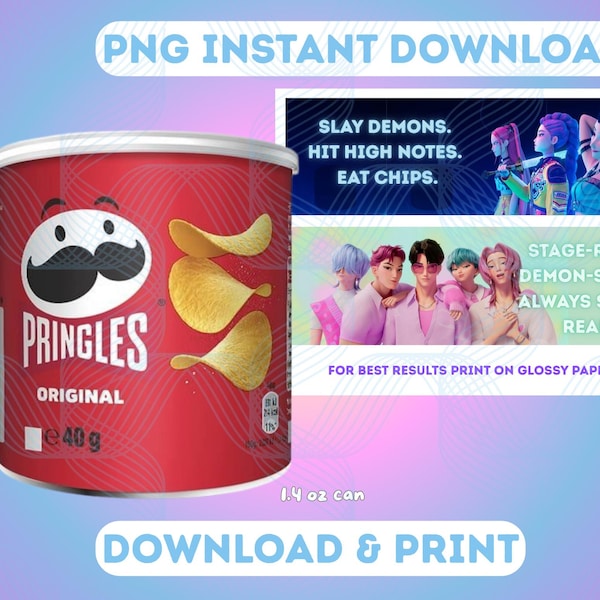 Envoltório de lata de Pringles para caçador de demônios, lembrancinha de festa para imprimir, saco de chips Kpop, festa de aniversário Kpop, Huntrixx, modelo de chip personalizado Saja Boy, Rumi